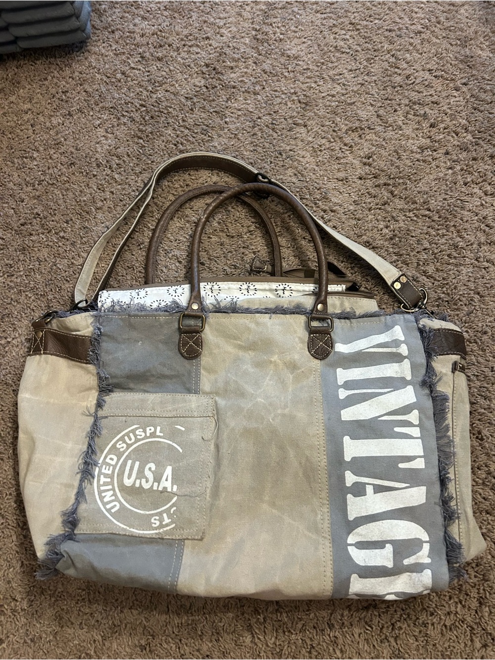 Myra Bag Nostalgia Weekender Tote Bag Cotton Canvas Brown Leather